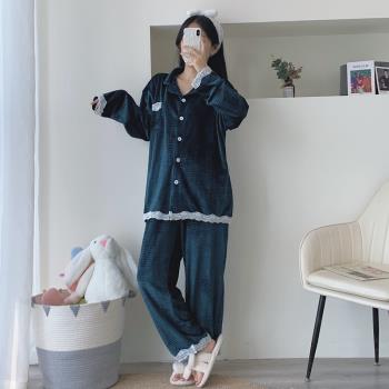 花邊珊瑚絨睡衣女開衫冬季寬松加大碼兩件套加絨200斤胖MM家居服