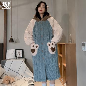 女三層珊瑚絨保暖可外穿連帽睡袍