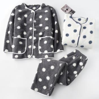 羊羔絨睡衣女秋冬季加厚加絨珊瑚絨V領波點日系法蘭絨家居服套裝