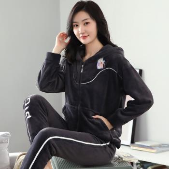 女法蘭絨加厚拉鏈連帽秋冬款睡衣