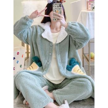孕婦睡衣冬季款加厚加絨月子服哺乳11月份12產後大碼三件套珊瑚絨