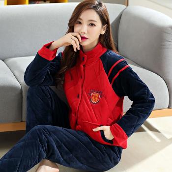 女保暖珊瑚絨三層居家服棉襖睡衣