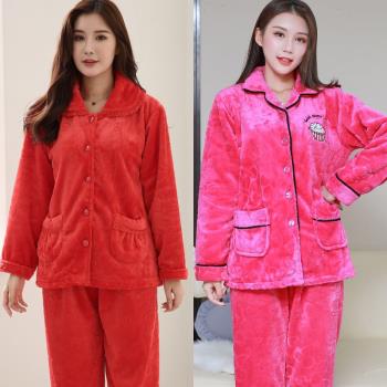 大紅色女法蘭絨保暖中年媽媽睡衣