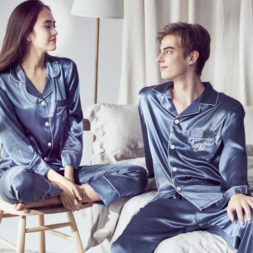 春秋季情侶睡衣女夏冰絲薄款長袖家居服夏天男士仿真絲綢開衫套裝