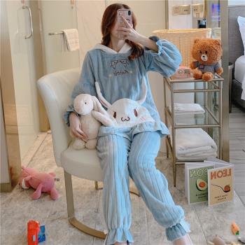 女春秋兩件套甜美性感法蘭絨睡衣