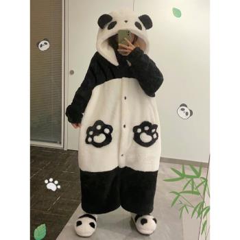 女珊瑚絨連體睡袍長款套裝熊貓