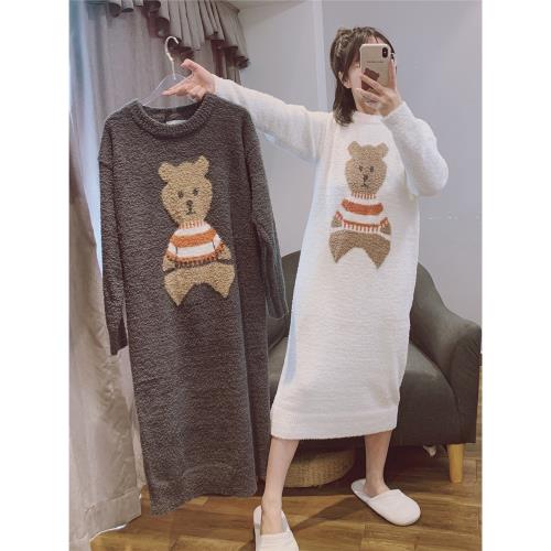 甜美可愛小熊軟綿綿睡裙女秋冬長款珊瑚絨睡衣冬季寬松孕婦家居服