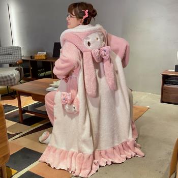 冬季珊瑚絨睡衣女春秋長款法蘭絨睡袍套裝可愛女孩加絨加厚家居服
