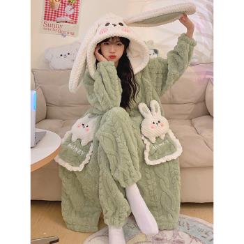 睡袍冬季2023新款珊瑚絨加絨加厚睡衣女冬天法蘭絨可愛家居服套裝