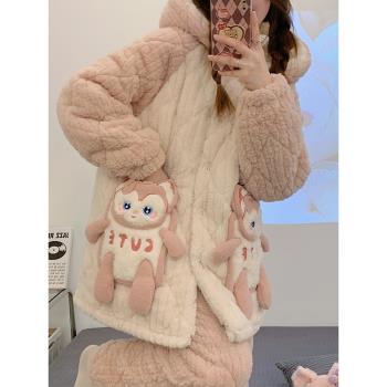 加厚加絨睡衣女冬季珊瑚絨2023新款冬天法蘭絨三層夾棉黑色家居服