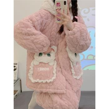 可愛睡衣女款冬季珊瑚絨法蘭絨加厚加絨冬天三層夾棉襖保暖家居服
