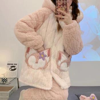 睡衣女秋冬季三層加厚夾棉加絨保暖可愛卡通連帽睡衣可外穿家居服
