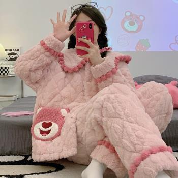 冬季三層夾棉睡衣女珊瑚絨加厚加絨秋冬新款保暖法蘭絨家居服套裝