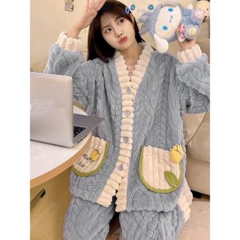 法蘭絨睡衣冬季女款加厚加絨保暖甜美網紅風冬天珊瑚絨家居服套裝