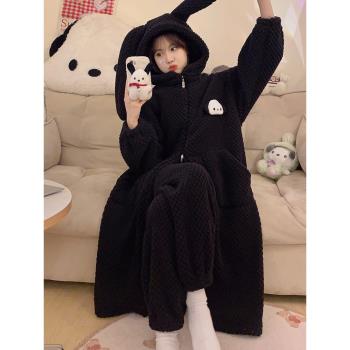 睡袍長款冬季加厚加絨法蘭絨睡衣女珊瑚絨冬天可愛保暖家居服套裝
