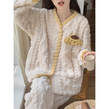 可愛睡衣女款珊瑚絨長袖加厚冬季天網紅風法蘭絨布丁狗家居服套裝