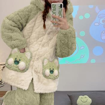 三層夾棉睡衣女冬季珊瑚絨加絨加厚2022年新款卡通可愛連帽家居服