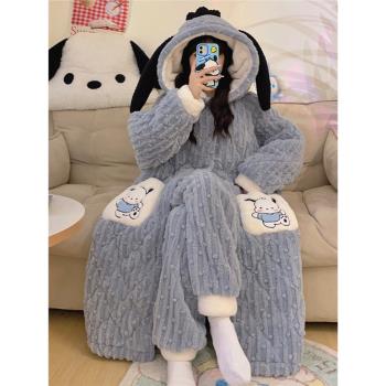 秋冬季家居服珊瑚絨睡衣女三層夾棉加絨加厚保暖長袍款法蘭絨套裝