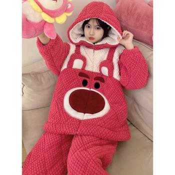 可愛睡衣女冬款加絨加厚冬季珊瑚絨三層夾棉法蘭絨卡通冬天家居服