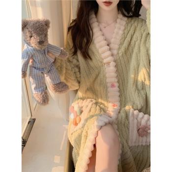 珊瑚絨睡袍長款秋冬季天睡裙加厚加絨家居服外套睡衣女法蘭絨浴袍