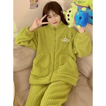 睡衣女2023年新款秋冬季天珊瑚絨加厚加絨法蘭絨可外穿保暖家居服