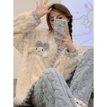秋冬季睡衣女保暖加絨加厚珊瑚絨新款寬松法蘭絨可外穿家居服套裝