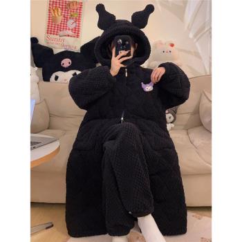 黑色睡衣女冬季睡袍珊瑚絨浴袍加絨加厚款三層夾棉冬天家居服套裝