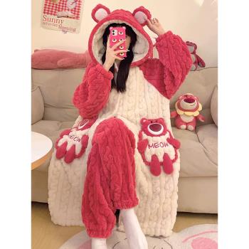 小熊睡衣女款冬季天加絨加厚珊瑚絨大碼睡袍法蘭絨可愛家居服套裝