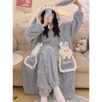睡衣女款冬季天珊瑚絨加絨加厚卡通睡袍法蘭絨大碼可愛家居服套裝