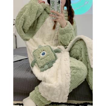 秋冬季珊瑚絨睡衣女2023年新款長款睡袍加絨加厚法蘭絨家居服套裝