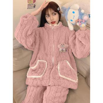 女加厚拉鏈保暖冬天法蘭絨睡衣