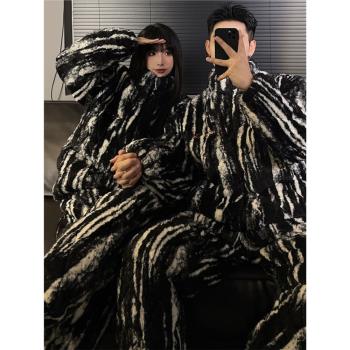 情侶睡衣冬季女款加絨加厚三層夾棉襖珊瑚絨高級感男士家居服冬天