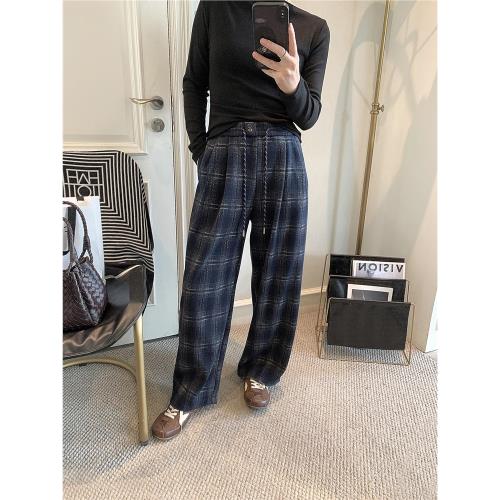 毛呢格子褲子女秋冬2025新款秋冬女裝時尚高腰顯瘦直筒闊腿休閑褲