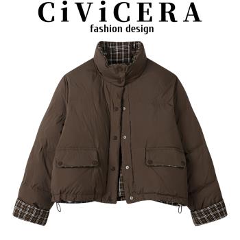 CIVICERA高階感立領短款羽絨服外套女冬季復古格子拼接加厚麵包服