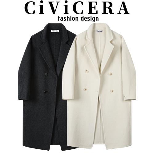 CIVICERA高級感氣質長款毛呢外套女冬韓系復古西裝領雙面羊絨大衣