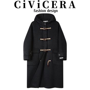 CIVICERA復古牛角扣長款連帽毛呢大衣女冬季高階感雙面山羊絨外套