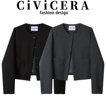CIVICERA高階感復古百搭短外套女秋冬新款小個子氣質圓領夾克上衣