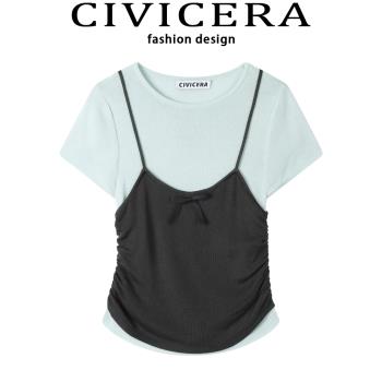 CIVICERA假兩件蝴蝶結針織短袖t恤女短款修身顯瘦設計感小眾上衣