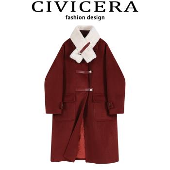 CIVICERA超好看圍脖毛呢大衣女秋冬韓系溫柔夾棉加厚呢子外套紅色