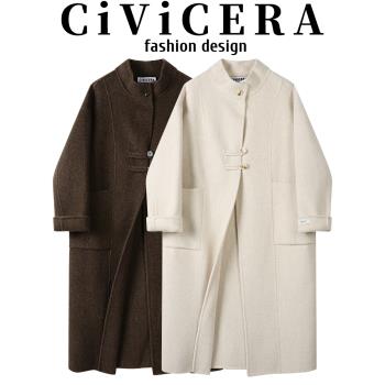 CIVICERA高階感國風復古立領雙面羊絨大衣女冬季長款氣質毛呢外套