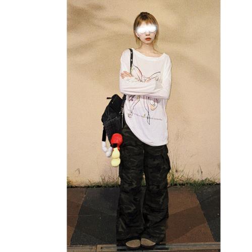 mrzp迷彩工裝褲女冬季加絨加厚美式高街微喇闊腿褲秋冬