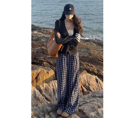 mrzp露思穿搭同款平替藍色格子褲垂感泡泡棉闊腿休閑褲