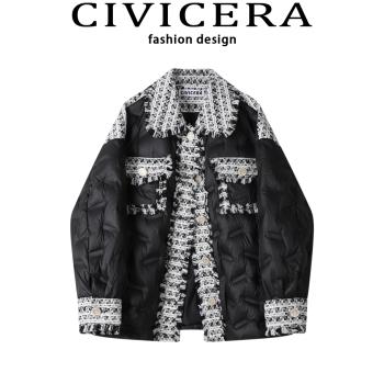 CIVICERA高階感小香風羽絨服女冬季設計感小眾拼接格子羽絨短外套