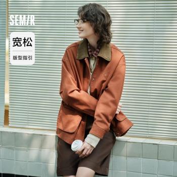 森馬中長款拼色燈芯絨復古外套