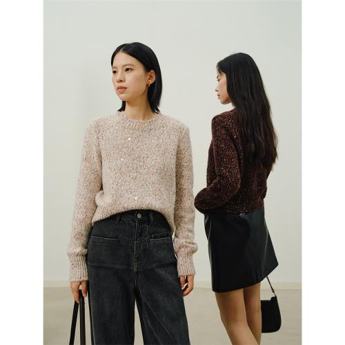 HeyDress亮片花紗毛衣女冬季復古圓領寬松針織衫慵懶疊穿短款1衣