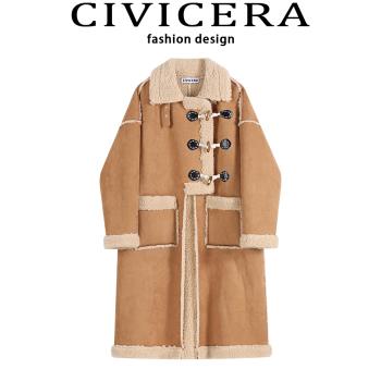 CIVICERA皮毛一體大衣女冬季設計感復古牛角扣加厚羊羔毛長款外套