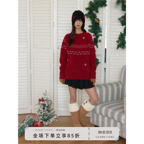 【六折清倉】YUPH費爾島圣誕雪花花邊寬松慵懶提花開衫套頭毛衣