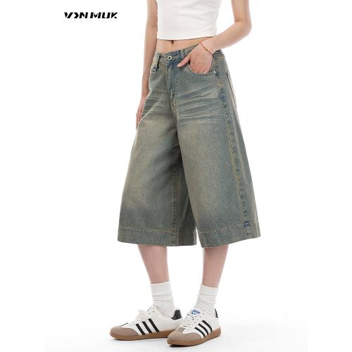 VINMUK美式復古水洗貓須七分牛仔短褲男女夏季潮牌寬松百搭直筒褲
