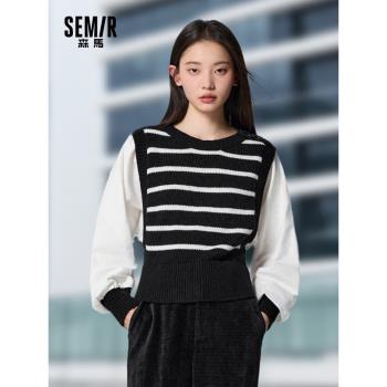 森馬毛衣女短款假兩件修身衣服通勤氣質冬季優雅拼接條紋毛衫鹽系