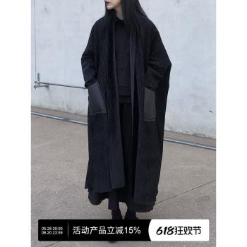陸與山嶼2024年冬季新款黑色大衣肌理感羽絨大口袋中長款加絨外套